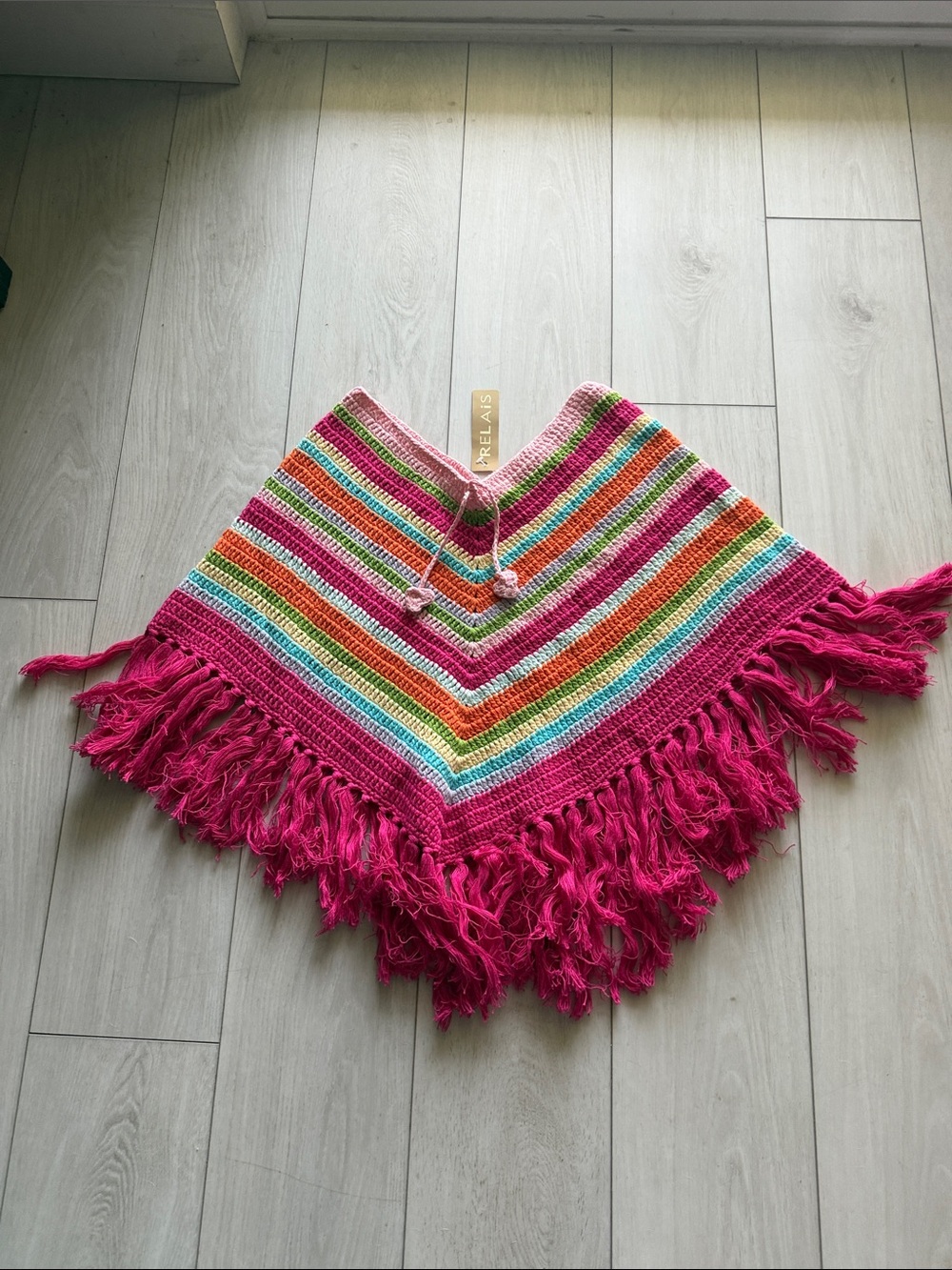 Relais Knitware Kids Rainbow Crochet Poncho with Hot Pink Fringe